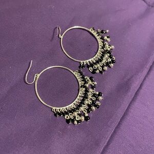 Silver and Black Beaded Hoop Earrings